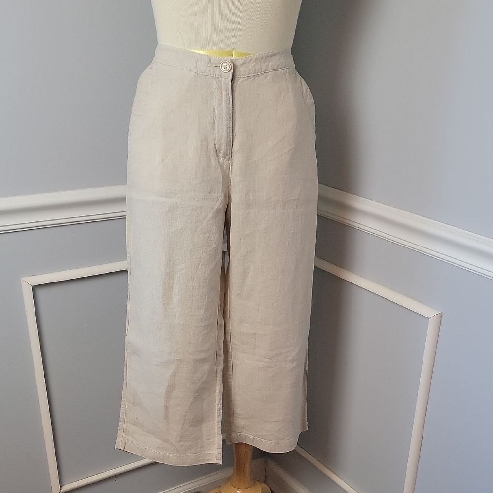 L.L. Bean 100% Linen Classic Fit Straight‎ Leg Flat Front Cropped Summer Pants 8